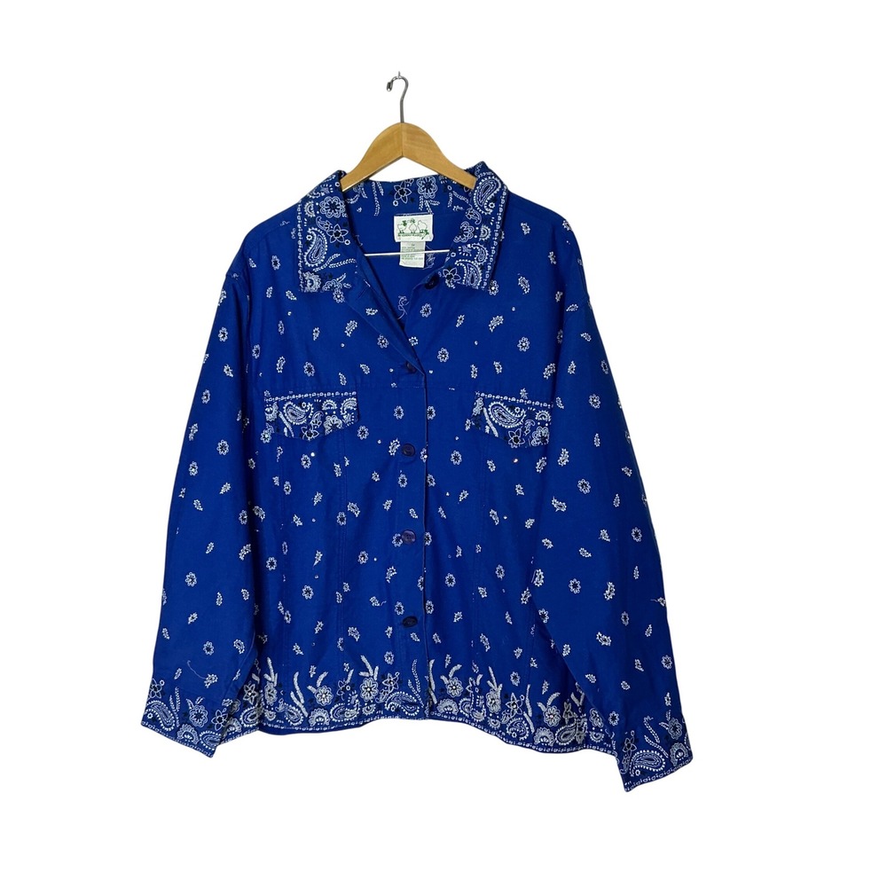Quacker Factory 3X‎ Blue Bandana Paisley Embroidered Shirt 100% Cotton Button